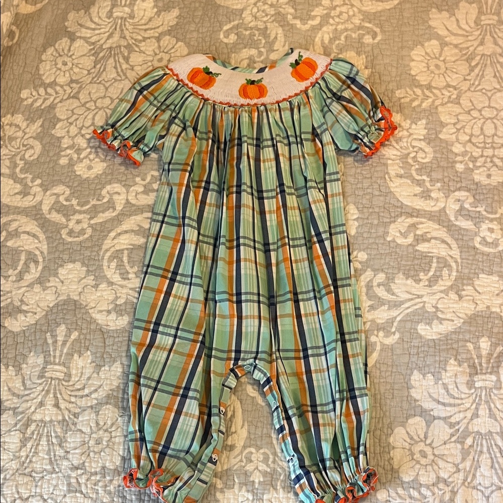 Five Little Monkeys - Plaid Kids One Piece with Pumpkin Embroidery - 18 month 🎃